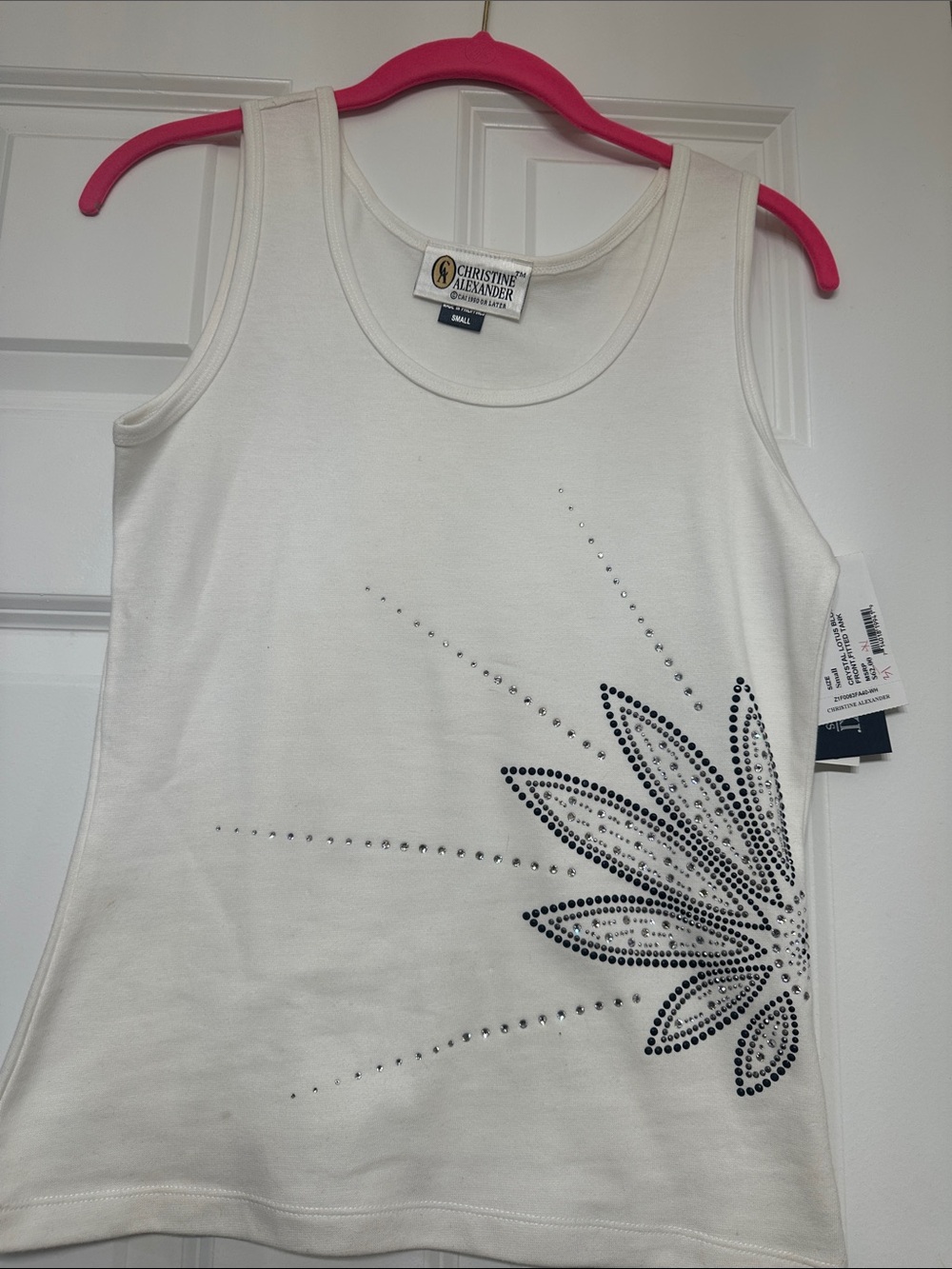 Christine Alexander White Tank with Black Crystal Floral Burst